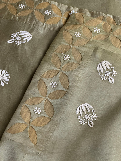 Sage Green Chanderi Cushion Cover with Floral Embroidery