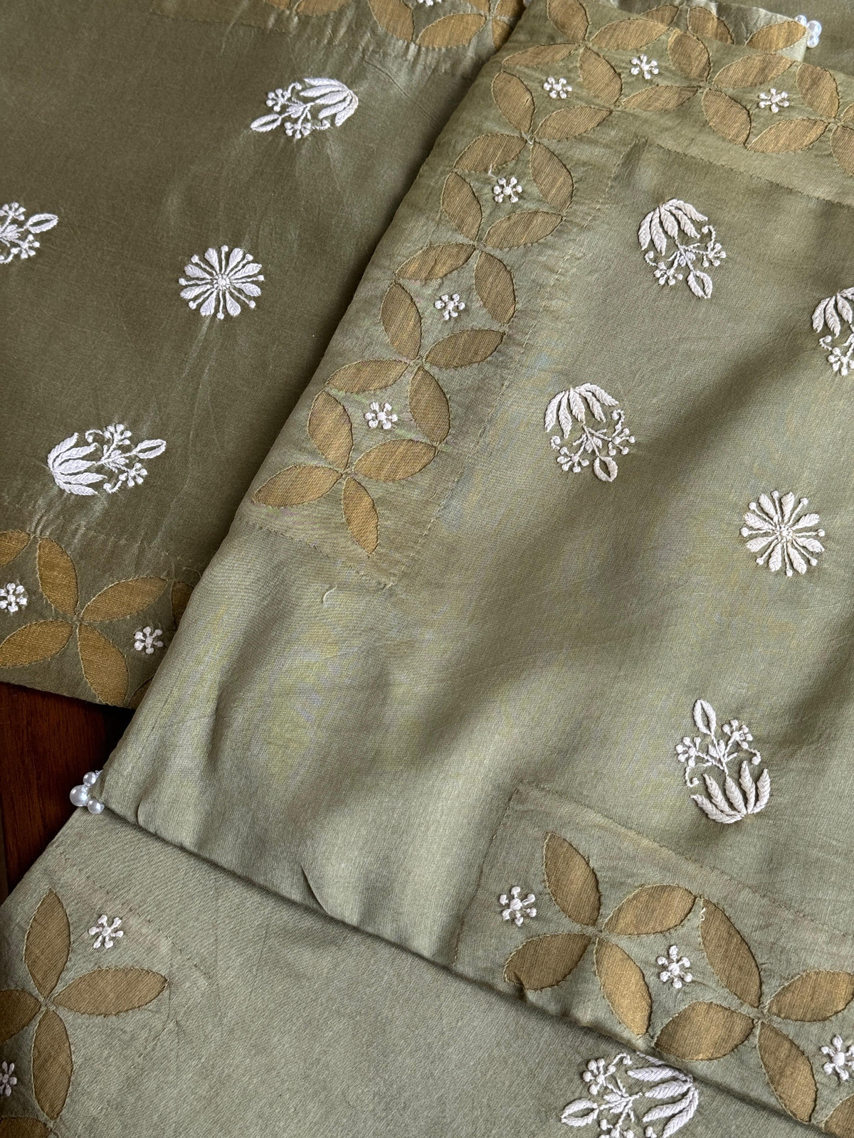 Sage Green Chanderi Cushion Cover with Floral Embroidery