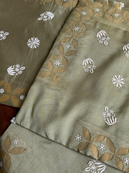 Sage Green Chanderi Cushion Cover with Floral Embroidery
