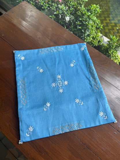 Denim Blue Chanderi Cushion Cover with Floral Embroidery