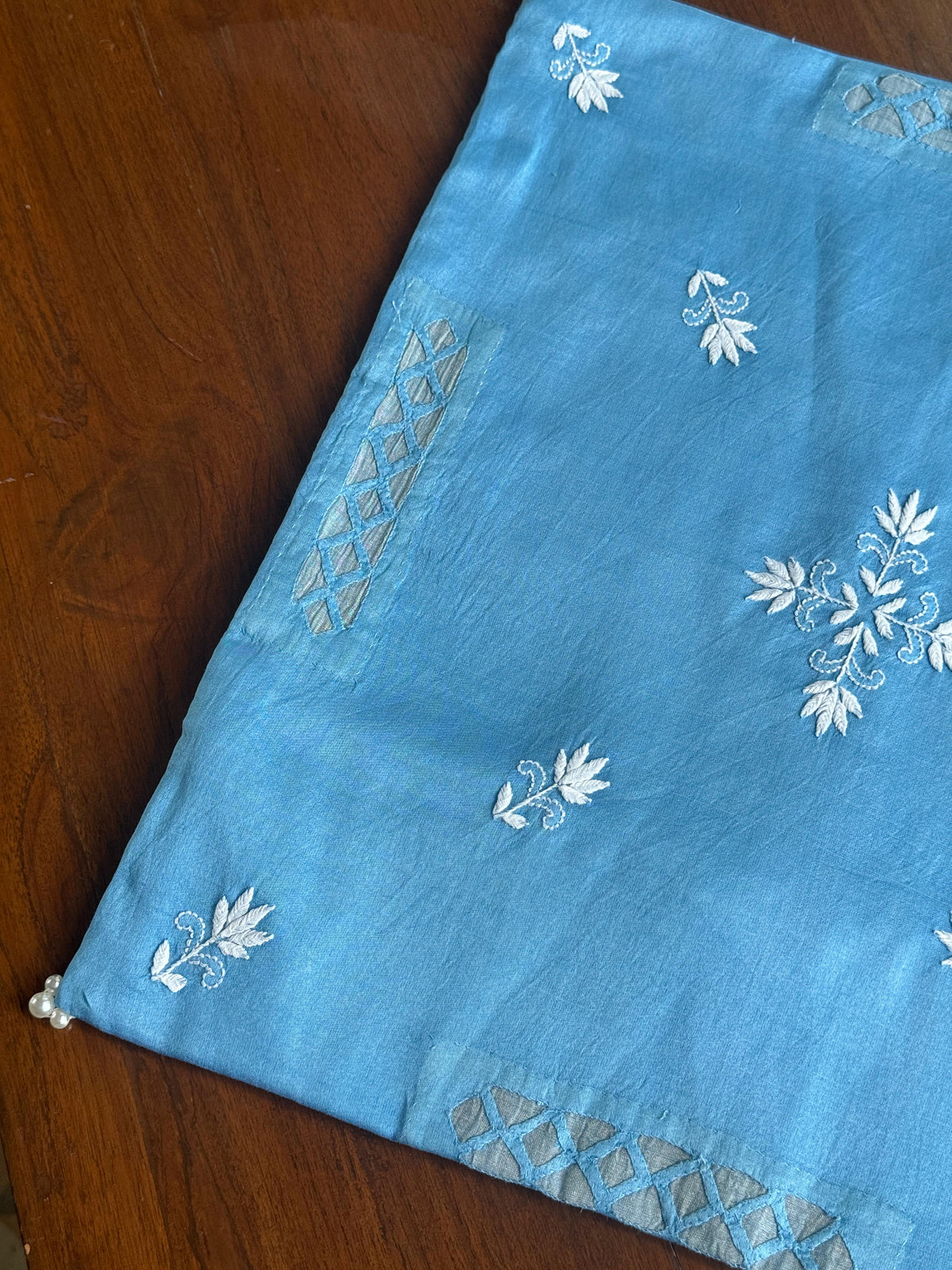 Denim Blue Chanderi Cushion Cover with Floral Embroidery