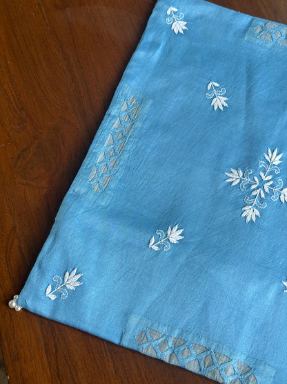 Denim Blue Chanderi Cushion Cover with Floral Embroidery