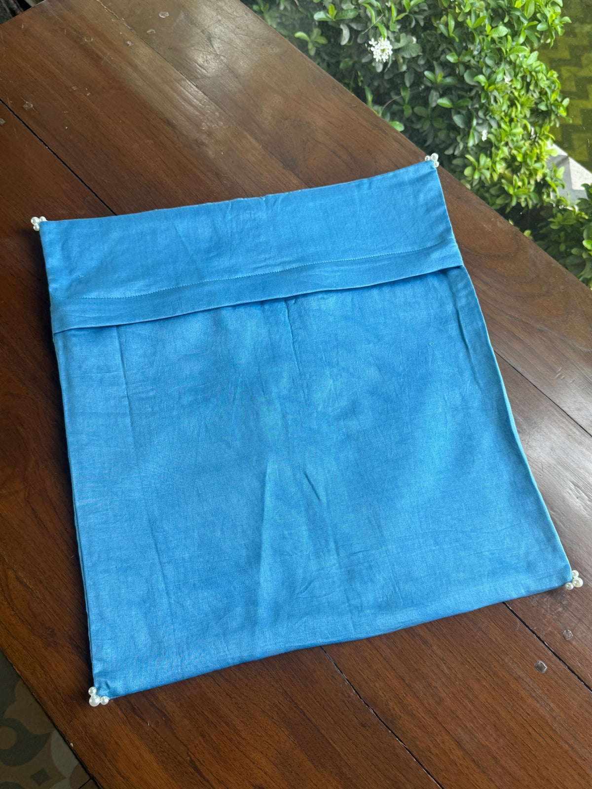 Denim Blue Chanderi Cushion Cover with Floral Embroidery