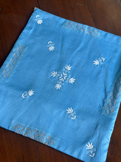 Denim Blue Chanderi Cushion Cover with Floral Embroidery