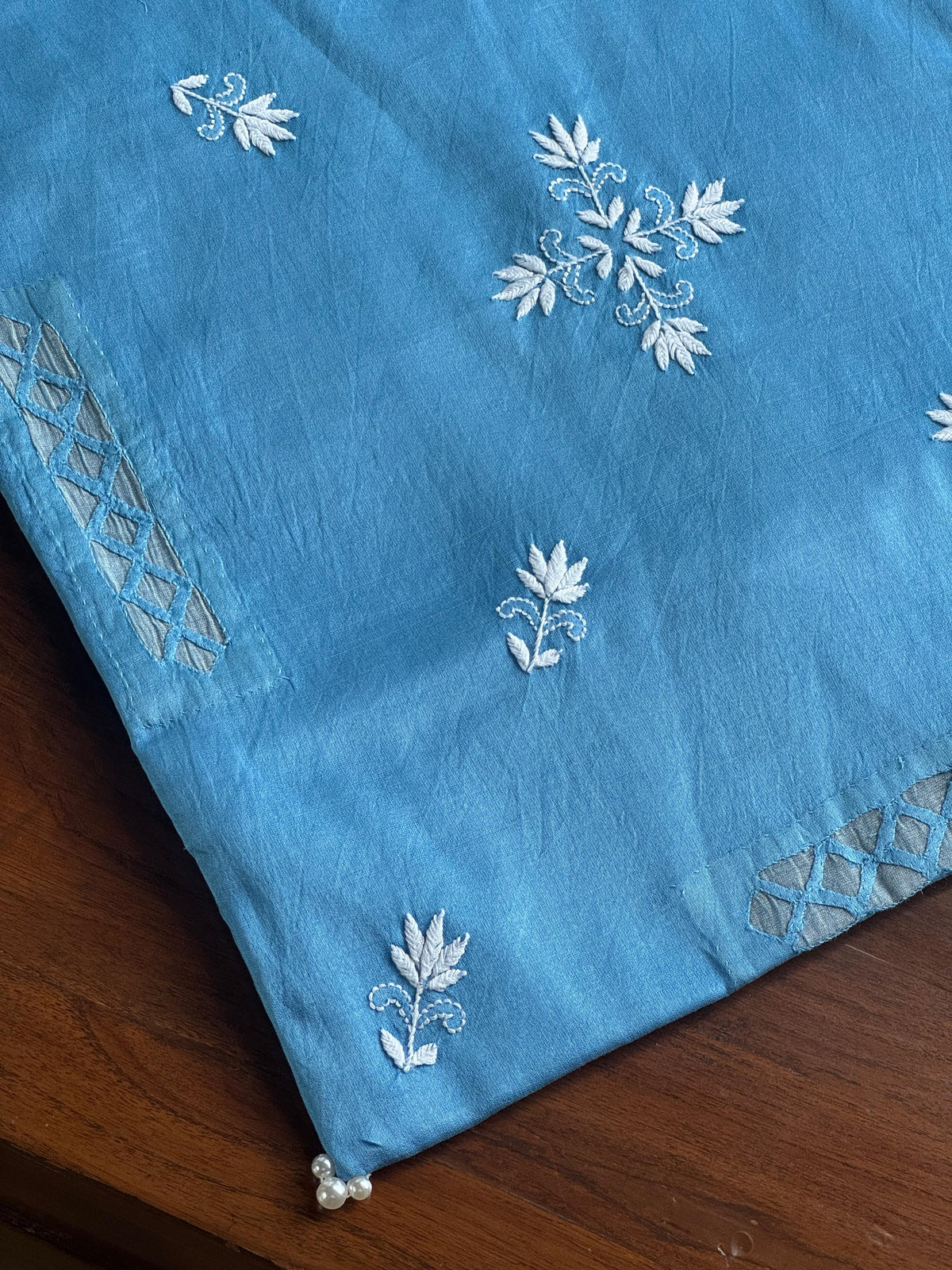 Denim Blue Chanderi Cushion Cover with Floral Embroidery