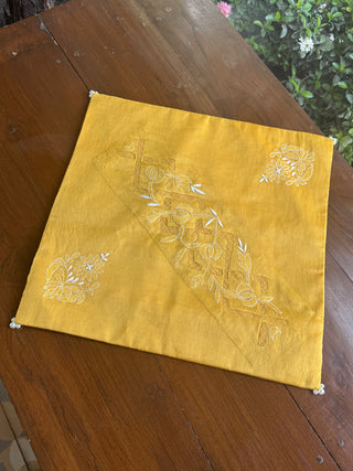 Yellow Chanderi Cushion Cover with Floral Embroidery