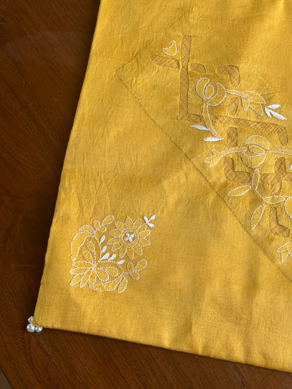 Yellow Chanderi Cushion Cover with Floral Embroidery