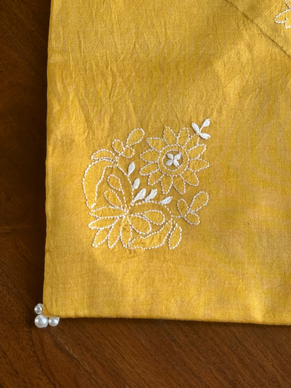 Yellow Chanderi Cushion Cover with Floral Embroidery