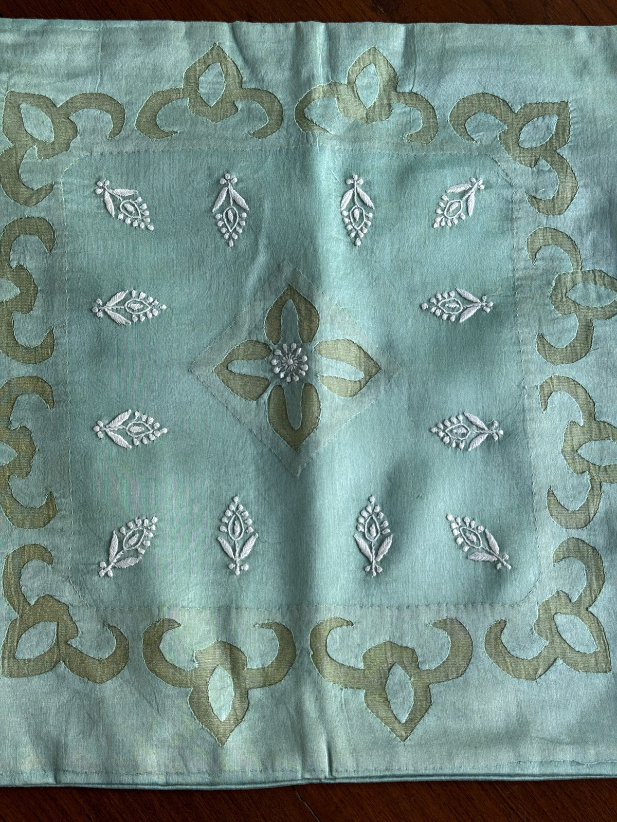 Sea Green Chanderi Cushion Cover with Chikankari & Daraz Appliqué