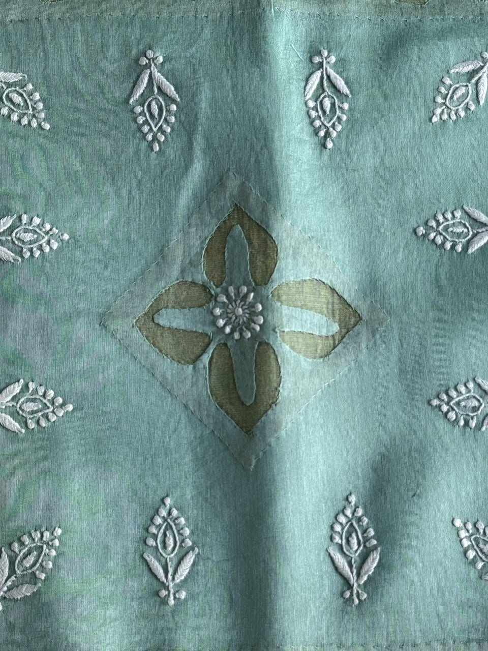 Sea Green Chanderi Cushion Cover with Chikankari & Daraz Appliqué