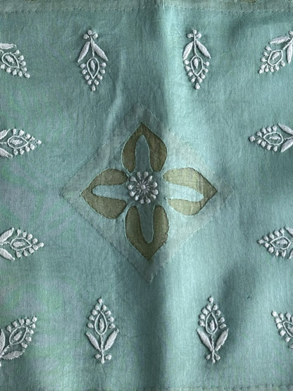 Sea Green Chanderi Cushion Cover with Chikankari & Daraz Appliqué