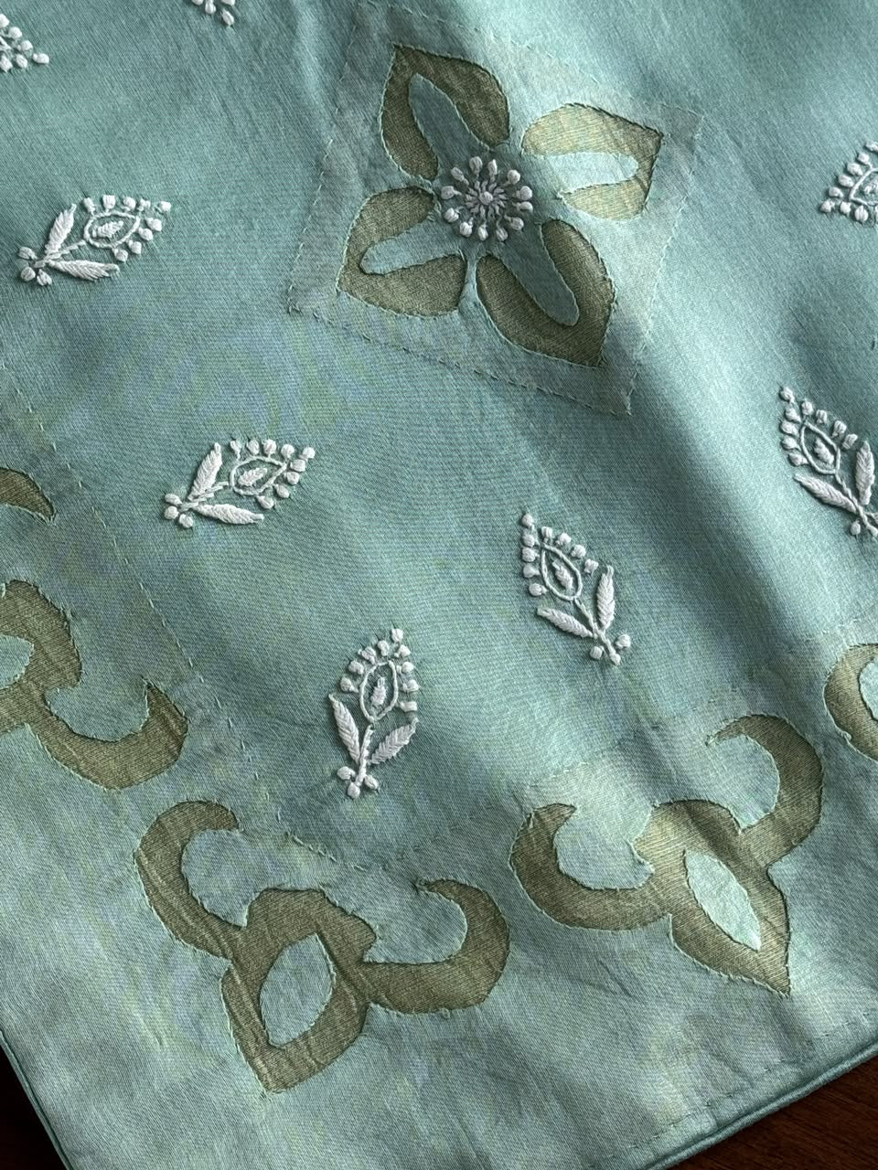 Sea Green Chanderi Cushion Cover with Chikankari & Daraz Appliqué