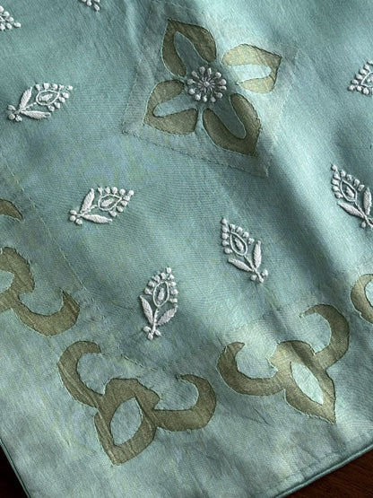 Sea Green Chanderi Cushion Cover with Chikankari & Daraz Appliqué