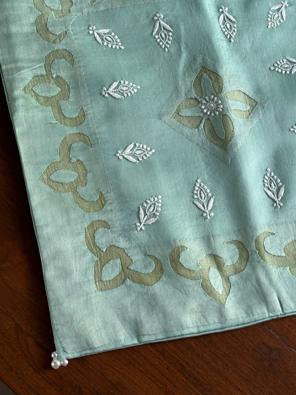 Sea Green Chanderi Cushion Cover with Chikankari & Daraz Appliqué