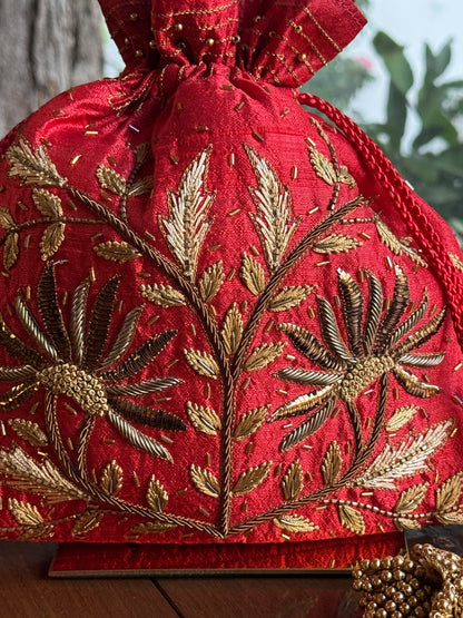 Red & Gold Raw Silk Zardosi Polti Bags