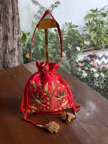 Red & Gold Raw Silk Zardosi Polti Bags