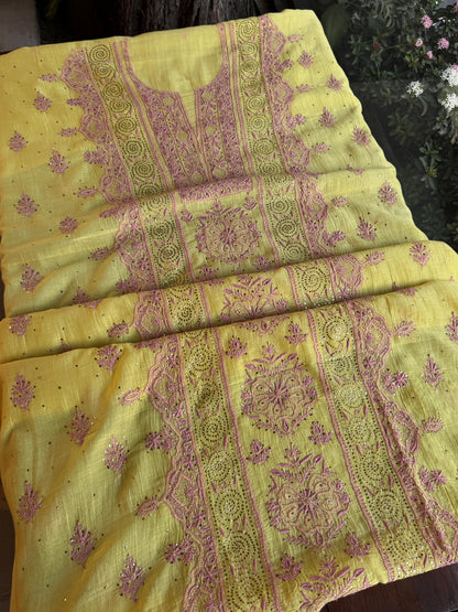 Yellow Shade Mal Cotton Fine Chikankari With Kamdani Work Unstitched Fabric