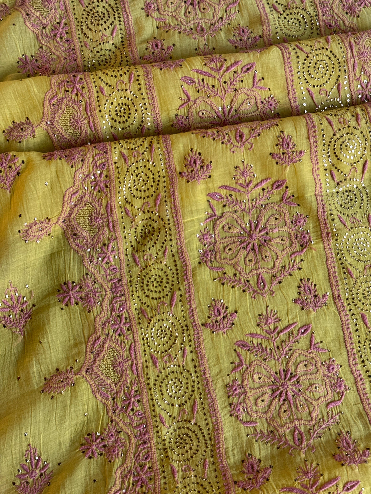 Yellow Shade Mal Cotton Fine Chikankari With Kamdani Work Unstitched Fabric