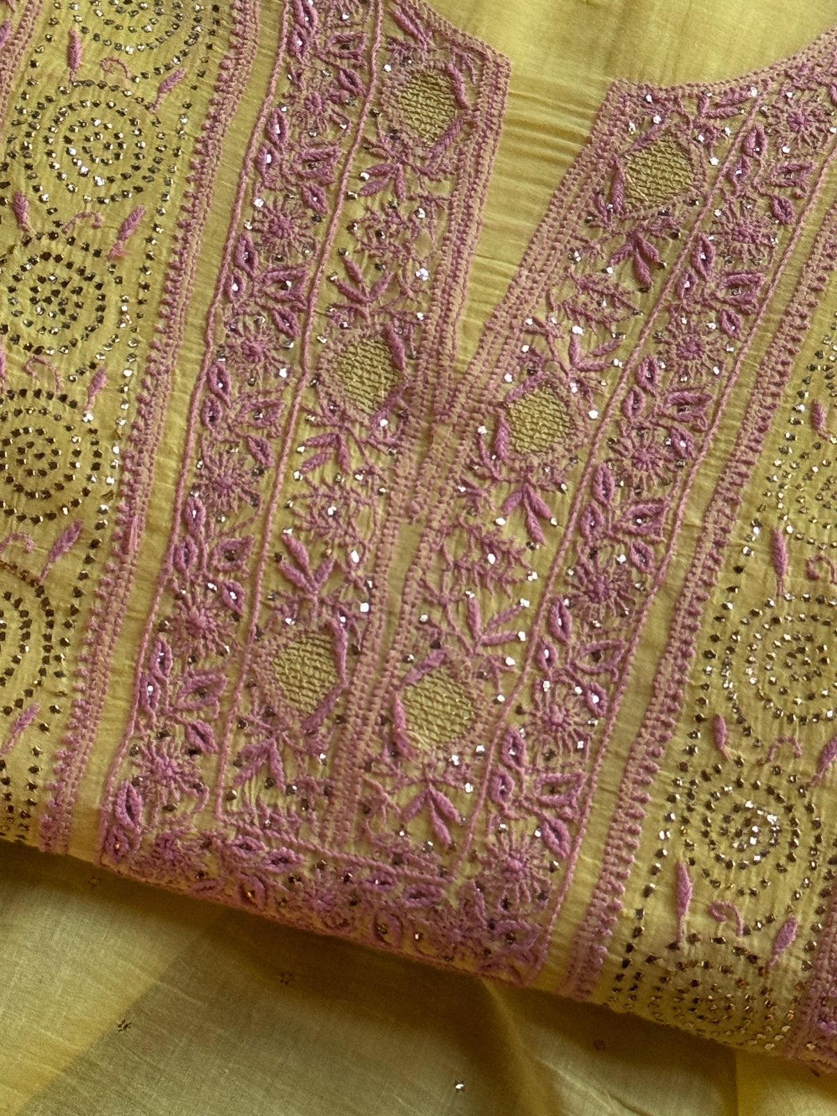 Yellow Shade Mal Cotton Fine Chikankari With Kamdani Work Unstitched Fabric