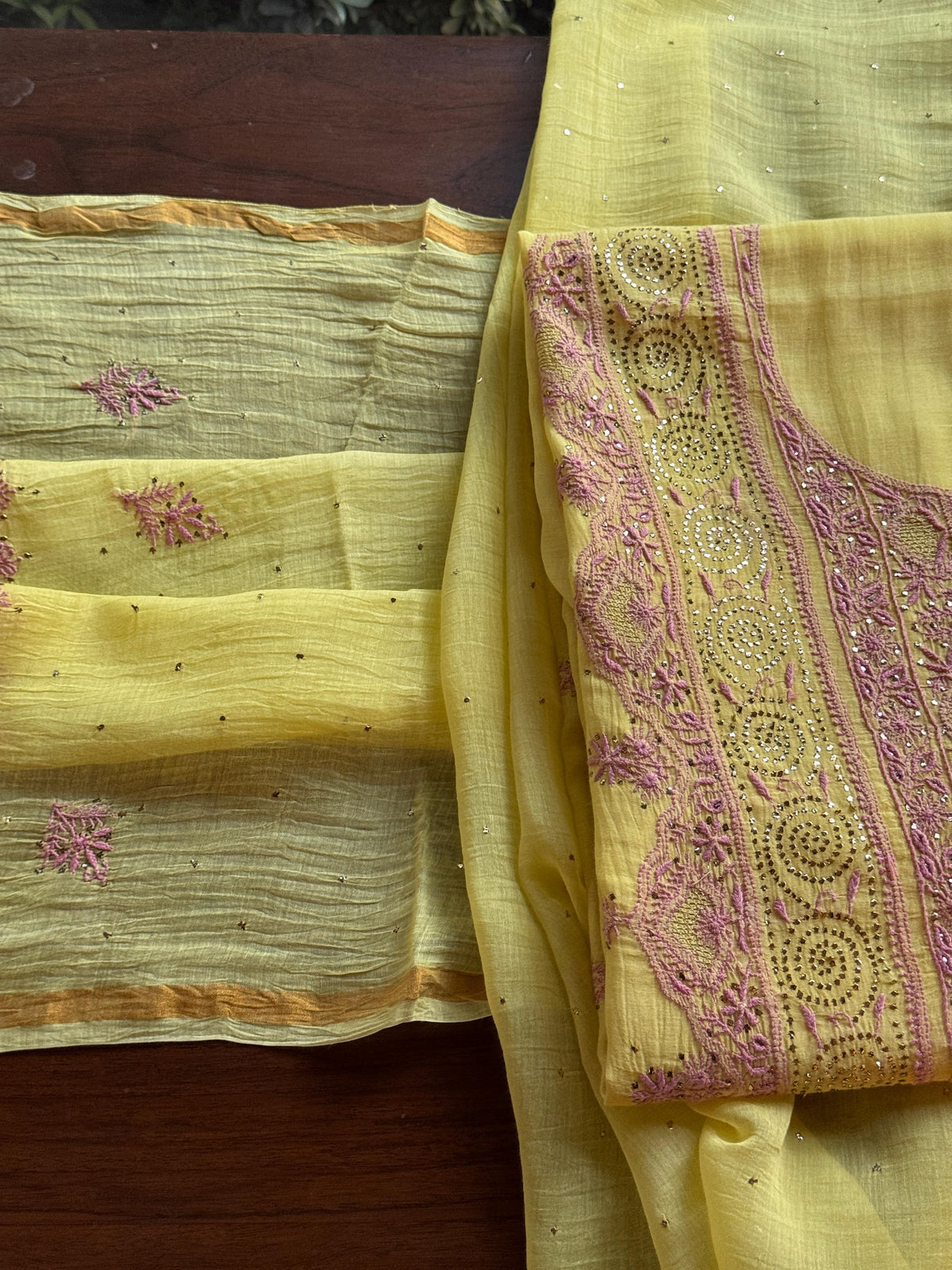 Yellow Shade Mal Cotton Fine Chikankari With Kamdani Work Unstitched Fabric