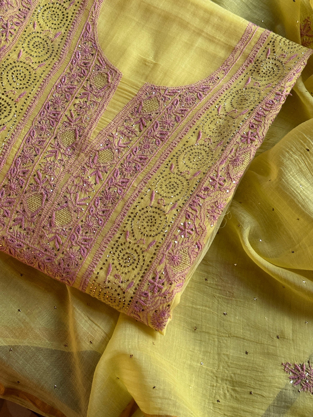 Yellow Shade Mal Cotton Fine Chikankari With Kamdani Work Unstitched Fabric