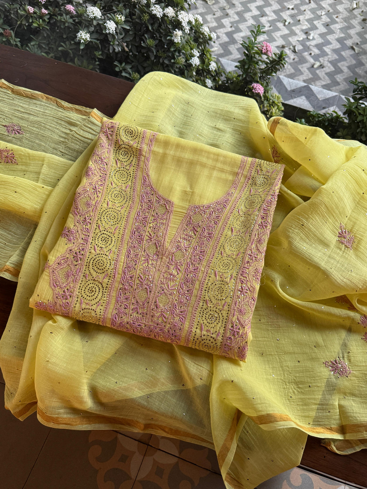 Yellow Shade Mal Cotton Fine Chikankari With Kamdani Work Unstitched Fabric