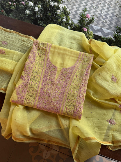 Yellow Shade Mal Cotton Fine Chikankari With Kamdani Work Unstitched Fabric