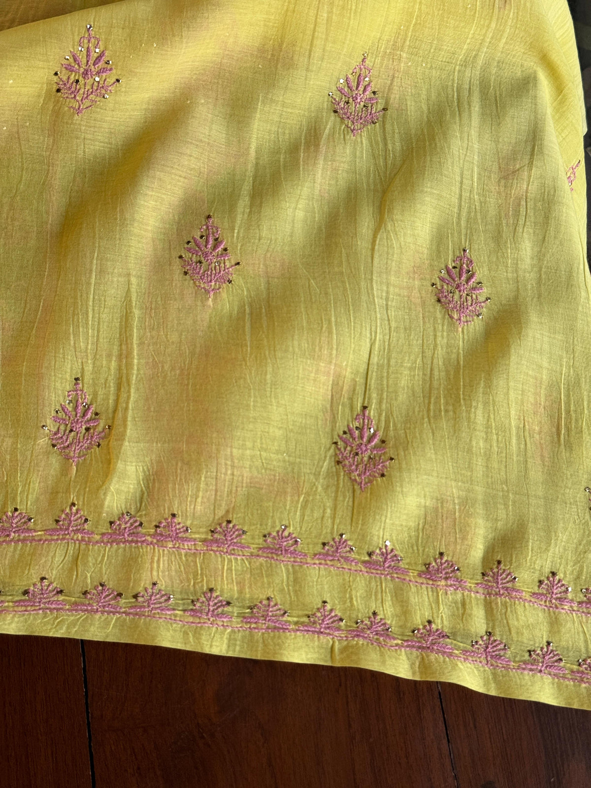 Yellow Shade Mal Cotton Fine Chikankari With Kamdani Work Unstitched Fabric