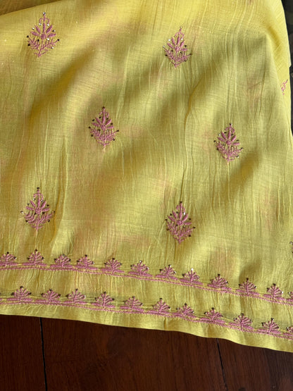 Yellow Shade Mal Cotton Fine Chikankari With Kamdani Work Unstitched Fabric