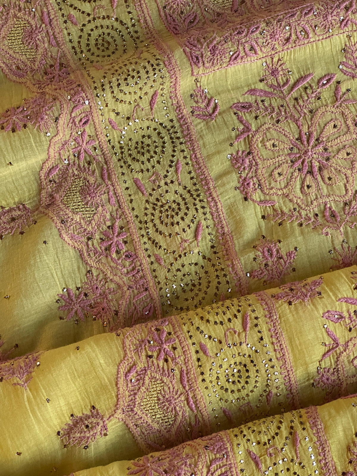 Yellow Shade Mal Cotton Fine Chikankari With Kamdani Work Unstitched Fabric