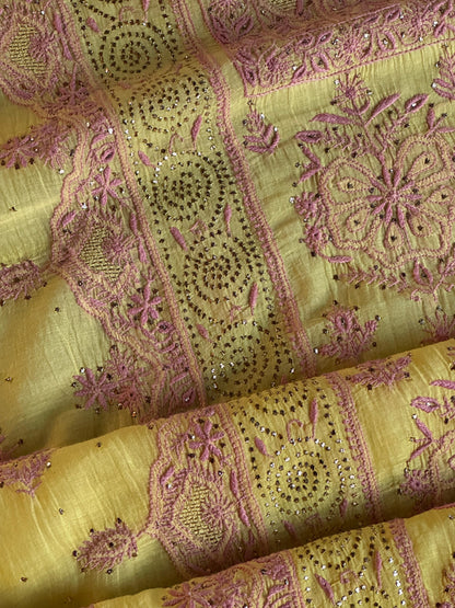 Yellow Shade Mal Cotton Fine Chikankari With Kamdani Work Unstitched Fabric