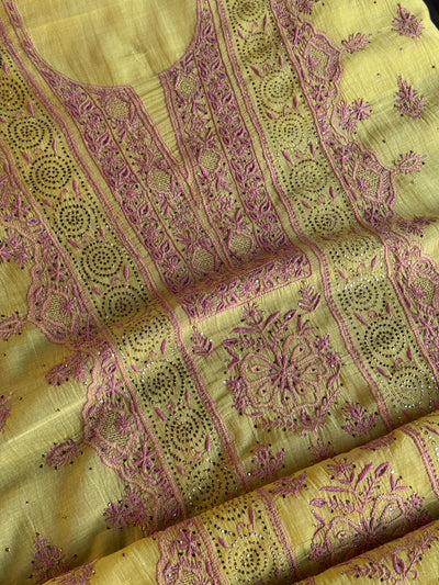 Yellow Shade Mal Cotton Fine Chikankari With Kamdani Work Unstitched Fabric