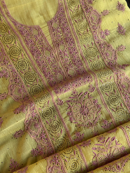 Yellow Shade Mal Cotton Fine Chikankari With Kamdani Work Unstitched Fabric