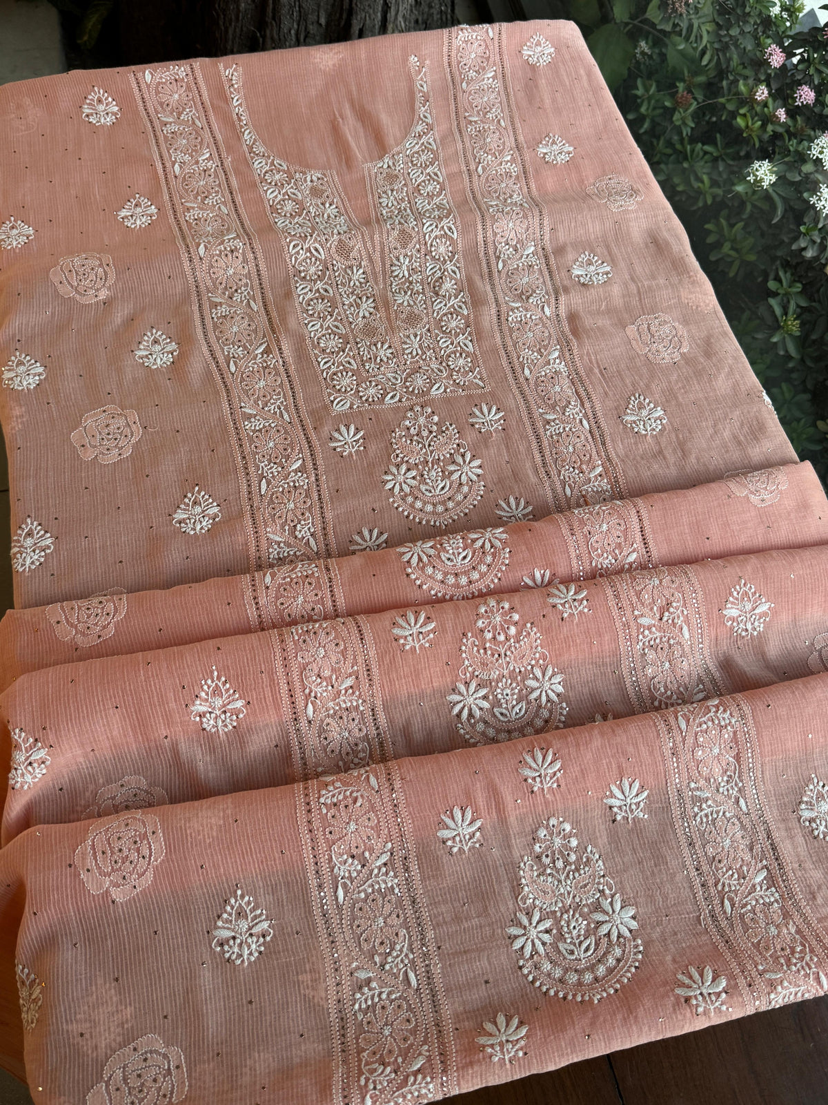 Peach Shade Mal Cotton Fine Chikankari With Kamdani Work Unstitched Fabric