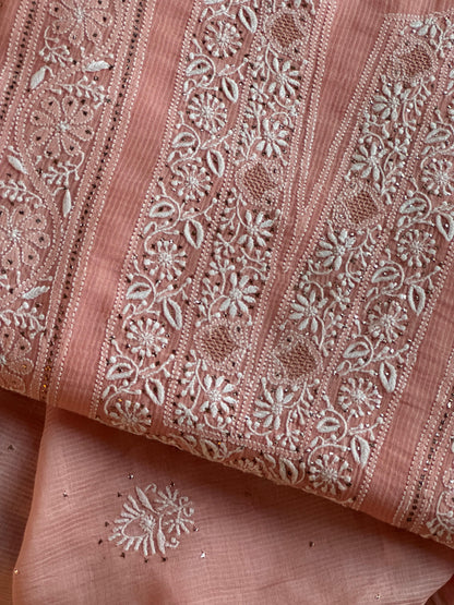 Peach Shade Mal Cotton Fine Chikankari With Kamdani Work Unstitched Fabric