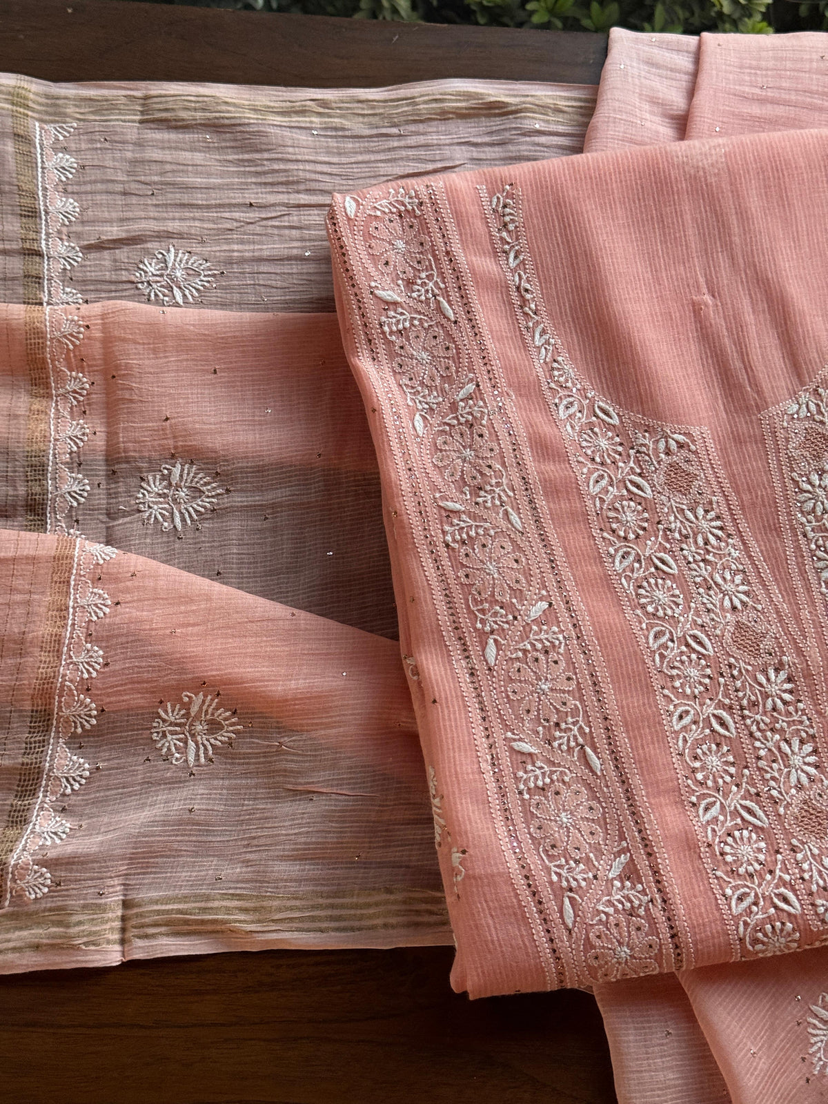 Peach Shade Mal Cotton Fine Chikankari With Kamdani Work Unstitched Fabric