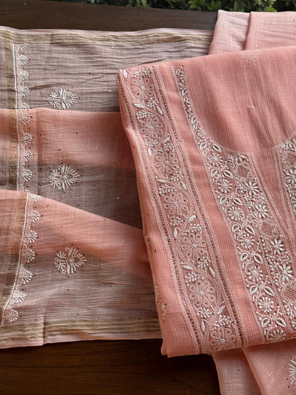Peach Shade Mal Cotton Fine Chikankari With Kamdani Work Unstitched Fabric