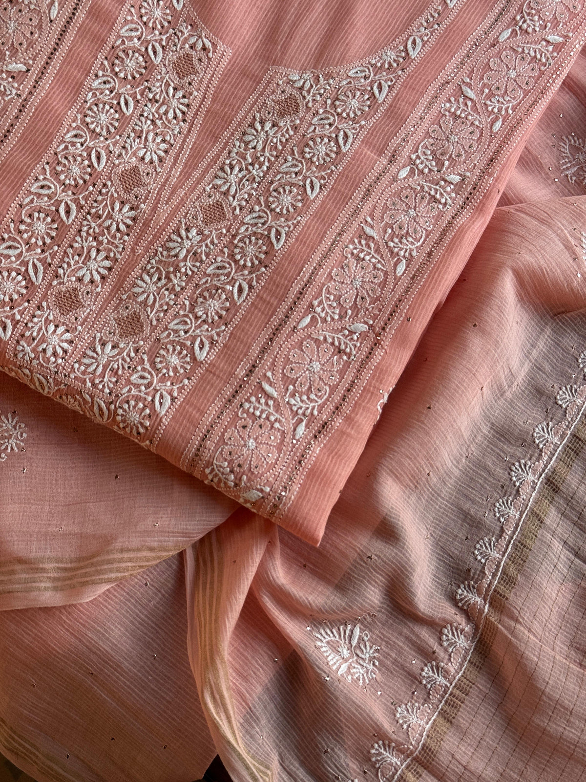 Peach Shade Mal Cotton Fine Chikankari With Kamdani Work Unstitched Fabric