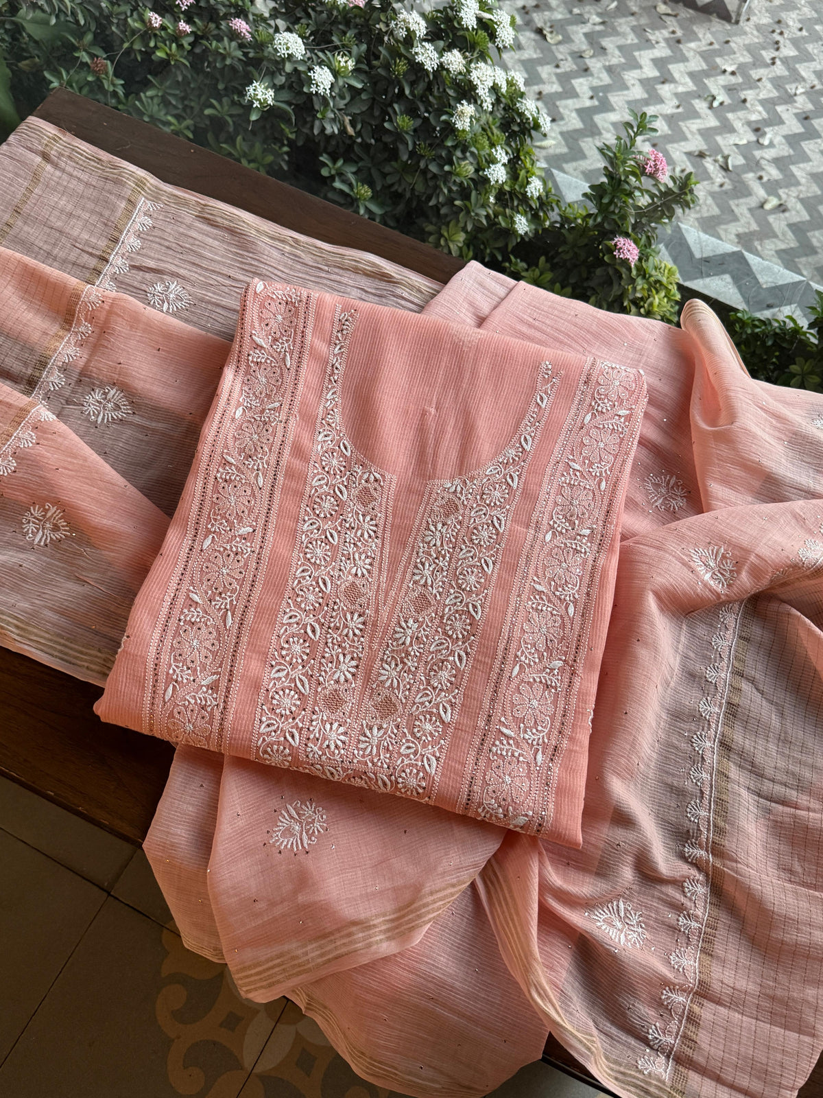 Peach Shade Mal Cotton Fine Chikankari With Kamdani Work Unstitched Fabric