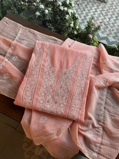 Peach Shade Mal Cotton Fine Chikankari With Kamdani Work Unstitched Fabric