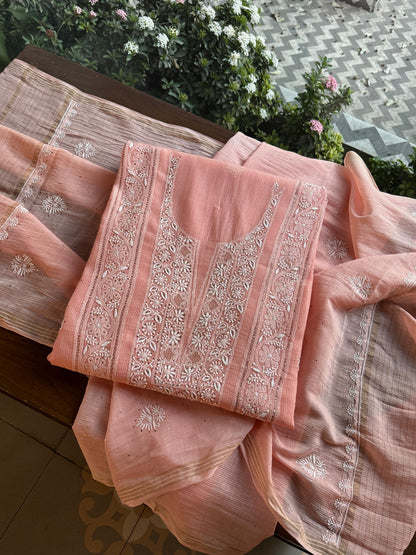 Peach Shade Mal Cotton Fine Chikankari With Kamdani Work Unstitched Fabric