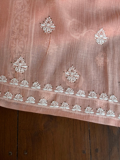 Peach Shade Mal Cotton Fine Chikankari With Kamdani Work Unstitched Fabric