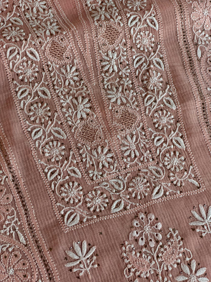 Peach Shade Mal Cotton Fine Chikankari With Kamdani Work Unstitched Fabric