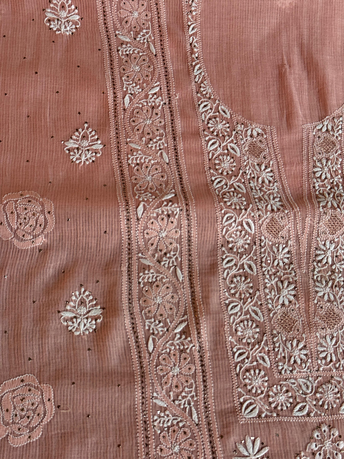 Peach Shade Mal Cotton Fine Chikankari With Kamdani Work Unstitched Fabric