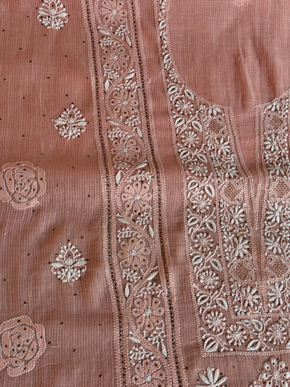 Peach Shade Mal Cotton Fine Chikankari With Kamdani Work Unstitched Fabric