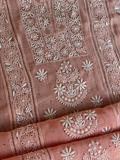 Peach Shade Mal Cotton Fine Chikankari With Kamdani Work Unstitched Fabric