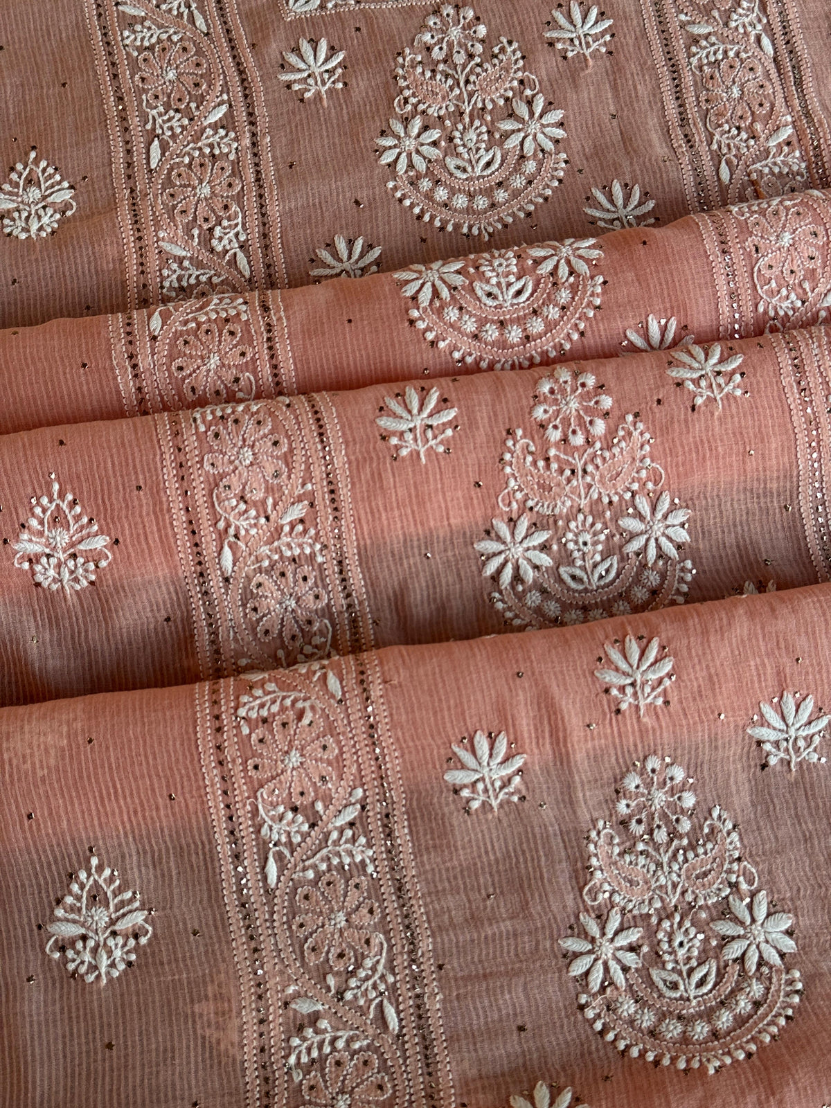 Peach Shade Mal Cotton Fine Chikankari With Kamdani Work Unstitched Fabric
