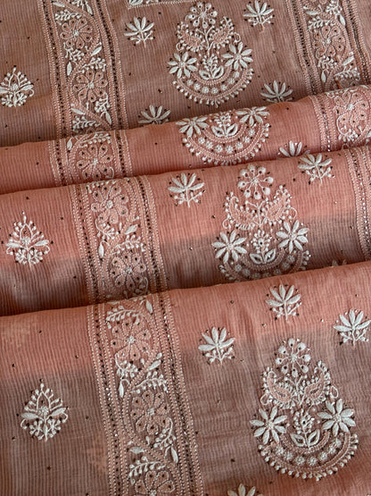 Peach Shade Mal Cotton Fine Chikankari With Kamdani Work Unstitched Fabric