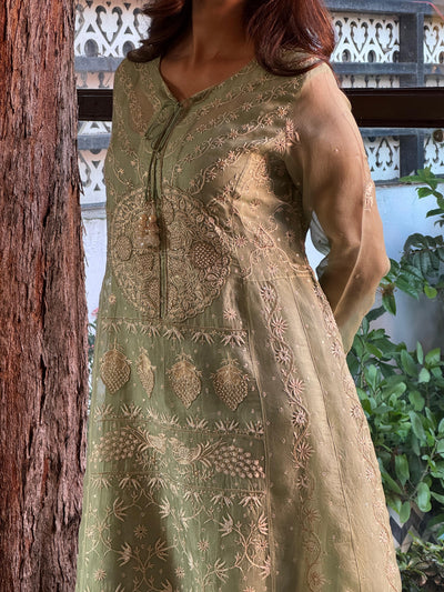 Green Shade Noor Organza Chikankari Anarkali