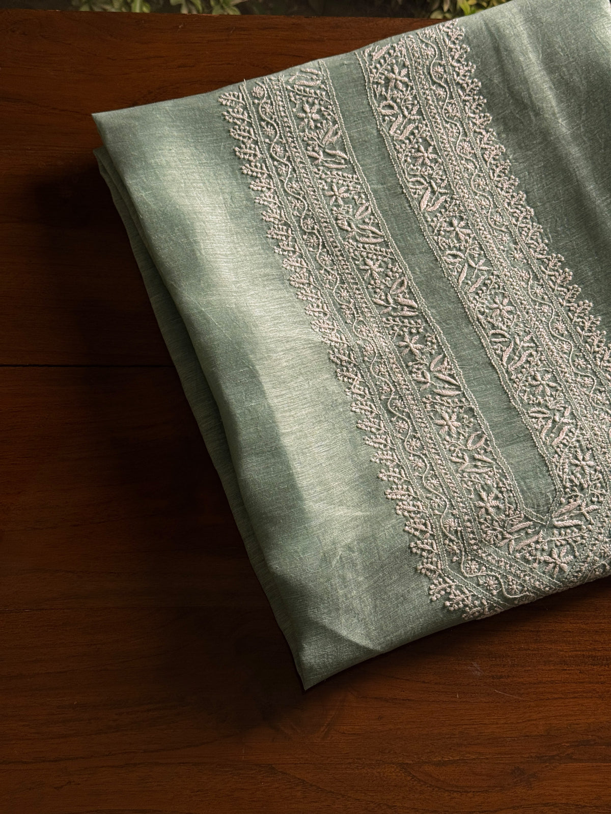 Green Shade Linen Chikankari Unstitched Men's Kurtas Fabric